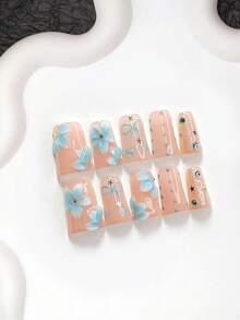 10片裝清新花卉手工穿戴甲，Polygel美甲套組，花瓣設計，藍色指甲油，優雅風格，含美甲工具，3種尺寸可選，杏仁/鴨嘴/棺材形，適合派對、跳舞、日常配戴 - 彩色 - 查看 14
