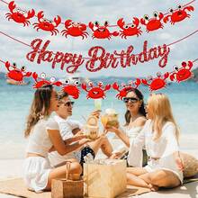 1set Red Glitter Crab Happy Birthday Banner Set,Cartoon Red Crab Cutout Garland,Party Supplies,Home Decor,Room Decor,Happy Birthday Banner,Wall Decor,Bedroom Decor,Beach Pool Hanging Decor,Suitable For Seafood Themed Beach & Pool Birthday Party - A - View 3
