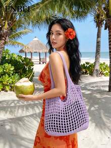 ENBEI 2026 時尚春夏女款復古度假風海灘包，鉤編海灘包，大容量托特包，可折疊鏤空優雅女款手提包，旅行必備，適合約會、出遊、購物、度假、郵輪必備，適合作為母親節、情人節或教師節禮物 - 彩色 - 查看 3