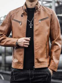 Men's Zipper Pocket Streetwear Leather Jacket, Fleece Lined, Thickened, Winter - Yellow - View 7