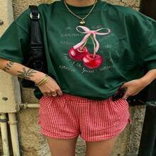 Heartfelt Daily Casual Graphic T-Shirt 100% Cotton Oversized Soft Breathable Casual Crewneck Short Sleeve Top Cute Aesthetic Vintage Red Cherry Print For Casual Wearers Fashion Lovers Daily Outfit Enthusiasts Gift Givers - 綠色 - 查看 18