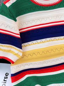 Ice Silk Rainbow Striped Knit Short Sleeve T-Shirt, Fashionable & Youthful Color Block Round Neck Top For Women, Summer Spring Red - Red - View 5