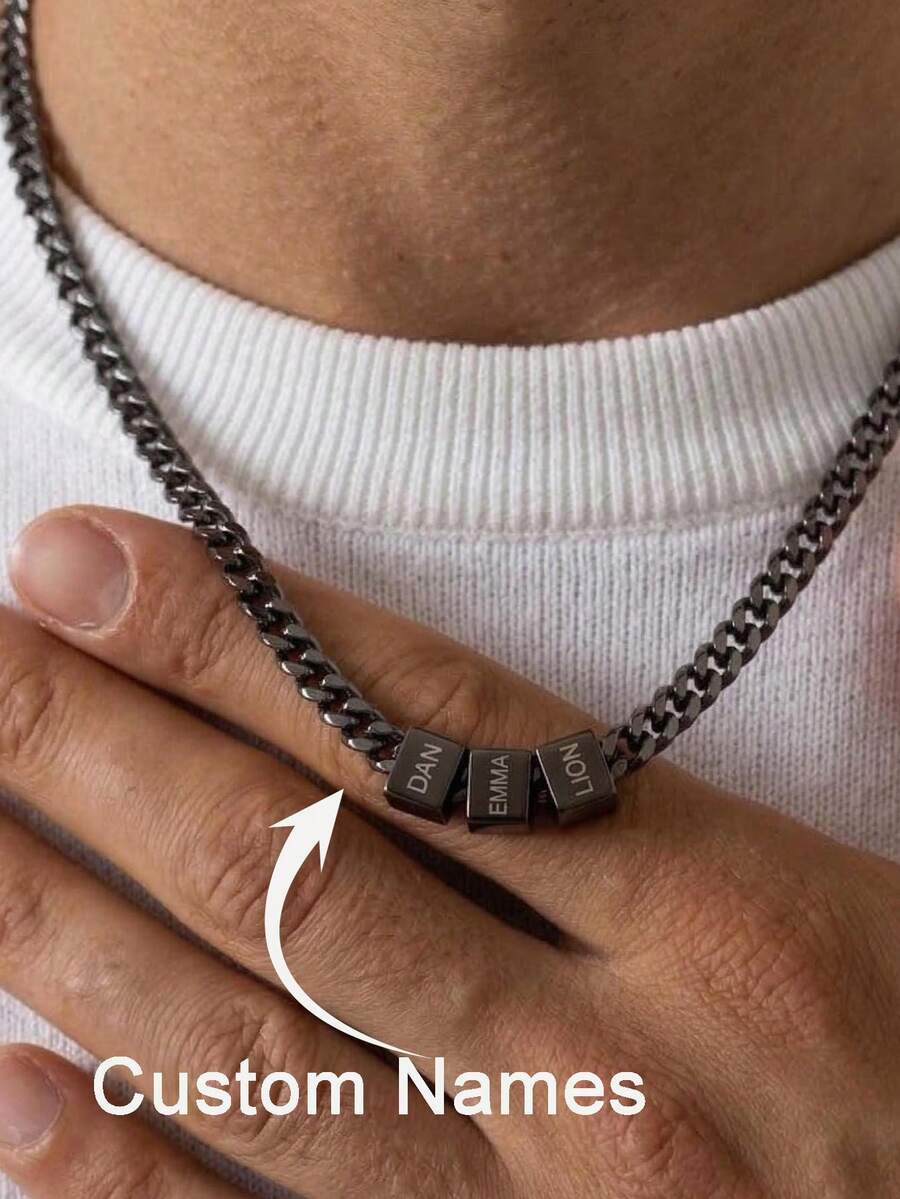 Custom Men Necklace With Family Name, Name Bead Chain Necklace, Dad Necklace From Daughter, Dad Gift, Personalized Gift, Christmas Day Gift - Multicolor - View 1