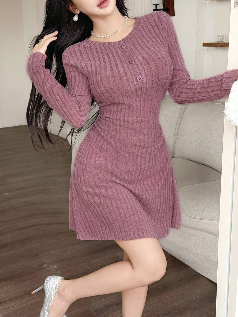 Vestido casual de mujer con cintura ceñida de unicolor - Rosa - Ver 1