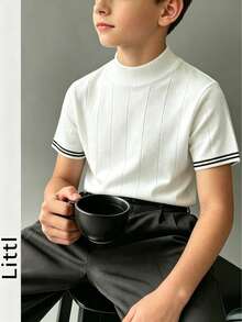 Boys' Half-High Neck Textured Ribbed Knit Black Striped Cuff Casual Knit T-Shirt - White - View 2