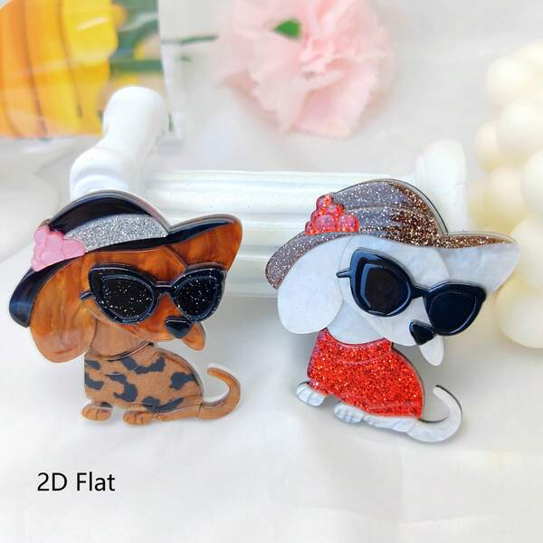 No Print New Acrylic Brooch, 1pc Brown Hat-Wearing Fashionable Puppy Acrylic Brooch, 1pc Beige Hat-Wearing Puppy Acrylic Brooch, Suitable For Clothing, Bags, Hats Accessories