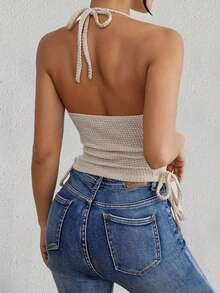 Women's Chain Detail Halter Knit Crop Top, Sleeveless Ruched Side Drawstring Cropped Knitted Cami Top, Summer Going Out Casual Tops - Apricot - View 5