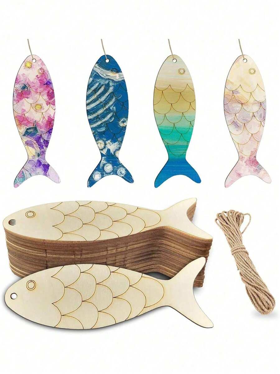 2/20/40pcs Unfinished Wooden Fish Hollow Decor Crafts, DIY Wooden Fish Ornaments, Paintable, With Jute Rope, Craft Supplies, Home Party Decorations, Open Design For Easy Hanging, Suitable For Halloween, Christmas