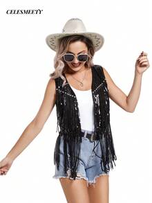 Music Festival Western Cowgirl Outfit For Party Punk Fringe Sequin Open Front Vest For Carnival, New Year, Wedding, Birthday Black - Black - View 5
