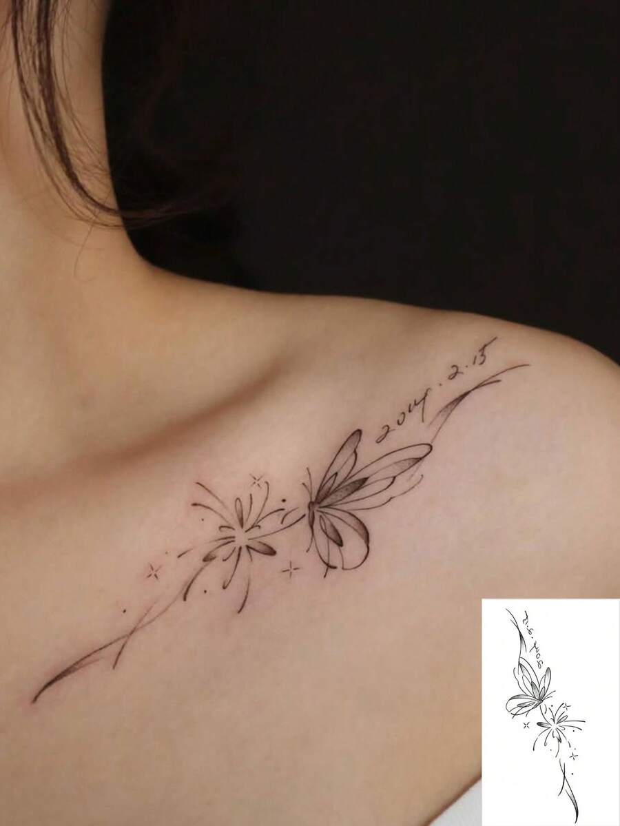 1片細線條蜘蛛百合與蝴蝶日期紋身貼紙，溫柔黑灰色素描風格，防水臨時紋身，適用於女性鎖骨、肩膀和頸部，小眾紀念設計 - 彩色 - 查看 1