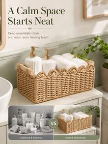 Sleek Woven Storage Basket With Scalloped Edges Heavy-Duty Toilet Paper Holder For Renters Elegant Towel Holder Ideal For Living Room Coffee Table To Hold Apples Neckalce Holder Decorative Desktop Box Bathroom Storage Home Organize Items - C-Wood Color - View 6