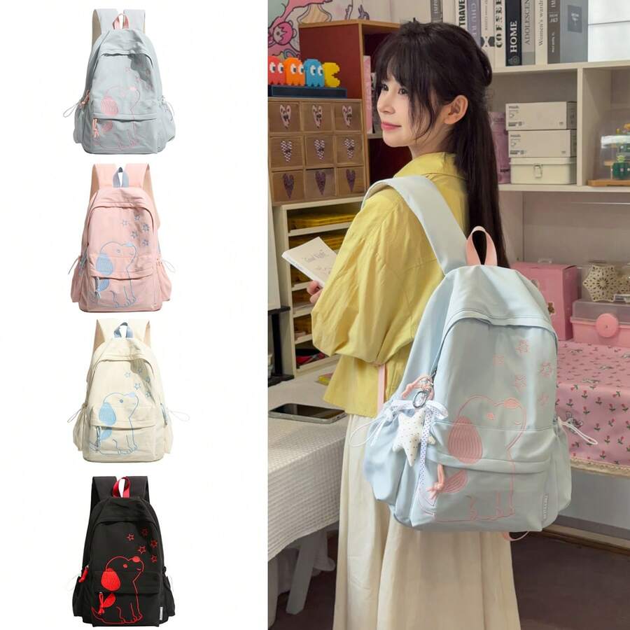 Cute Puppy Embroidery Backpack, Girly Star Student School Bag, Lightweight Japanese Style Commuter Backpack