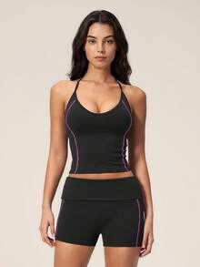 TimeOff Women's One Set Solid Color Adjustable Strap Camisole Tank Top & Wide Leg Mid-Length Shorts Sports Set - Black - View 5