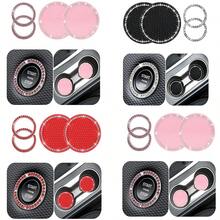 4pcs Car Interior Accessories, Car Ignition Ring Decorative Ring, Rhinestone Inlaid Car Cup Holder Mat, Car Interior Supplies For Women, Non-Slip Waterproof Car Cup Holder Mat, Rhinestone One-Touch Start Decorative Ring (Large Rhinestone Style) - A - View 2