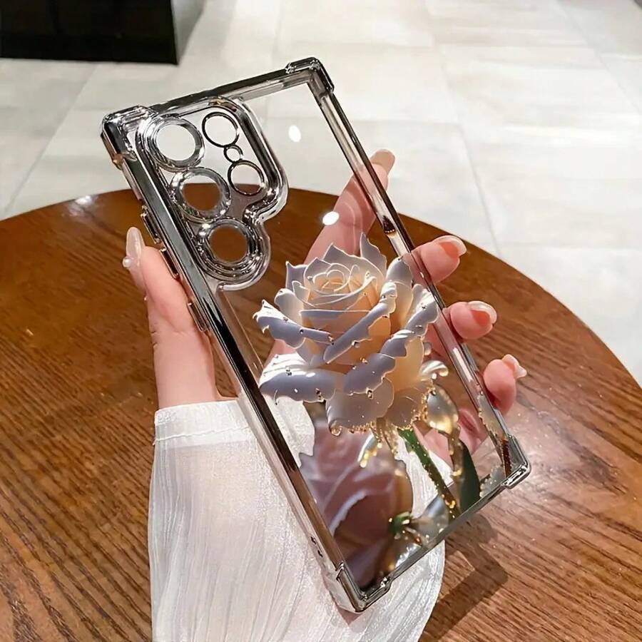 Beautiful Rose Flower Case Suitable For Apple 16 Pro, Transparent 17 Air Phone Protective Cover, 15 Pro Max - Airbag Electroplated Shell - Silver - ZJ3700 - View 1