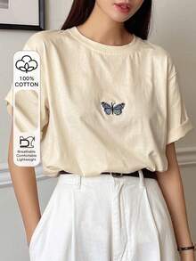 Batwing Sleeve T-Shirt With Butterfly Embroidery - White - View 1