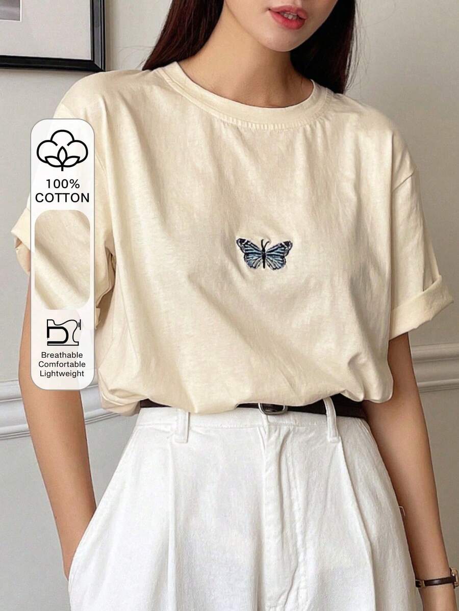 Batwing Sleeve T-Shirt With Butterfly Embroidery - White - View 1