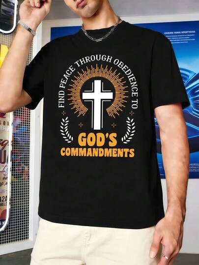 T-Shirt With Cross Pri Nt And "Christian Faith" Writing, In Soft Cotton, Casual, Comfortable, Durable, With An Effective Pri Nt.