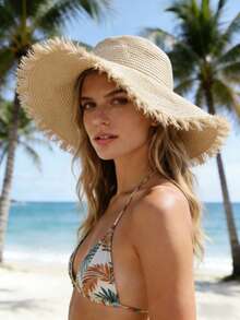 1 buah Topi Jerami Wanita, Topi Matahari Bertepi Lebar untuk Liburan Pantai/Panas, Gaya Bohemian - Krem - View 4