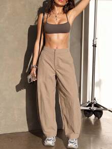 Women's High Waist Parachute Cargo Pants, With Pockets, Casual Loose Wide Leg Sweatpants, Y2K Street Style - Khaki - View 1