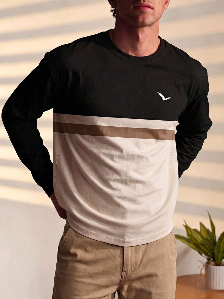 1pc Men's Casual Round Neck Colorblock Bird Print Long Sleeve T-Shirt, Business Style, Autumn - Black - View 1
