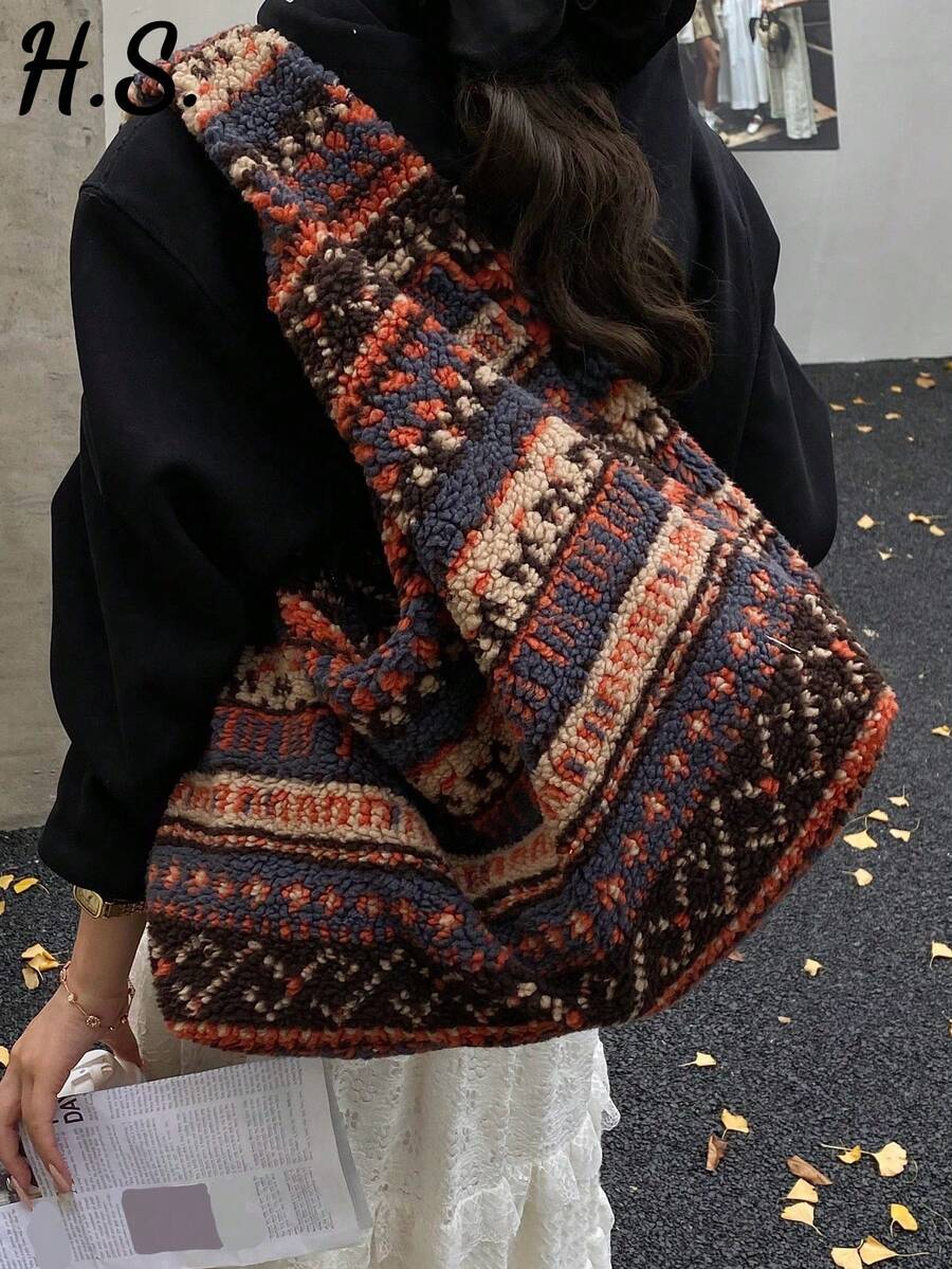 Bohemian Style Fuzzy Tote Bag, Large Capacity Shoulder Bag With Zipper Closure, Suitable For Daily Use, Commuting, Shopping, College Students, Colorblock Striped , Bohemian Outfit For Women, Boho