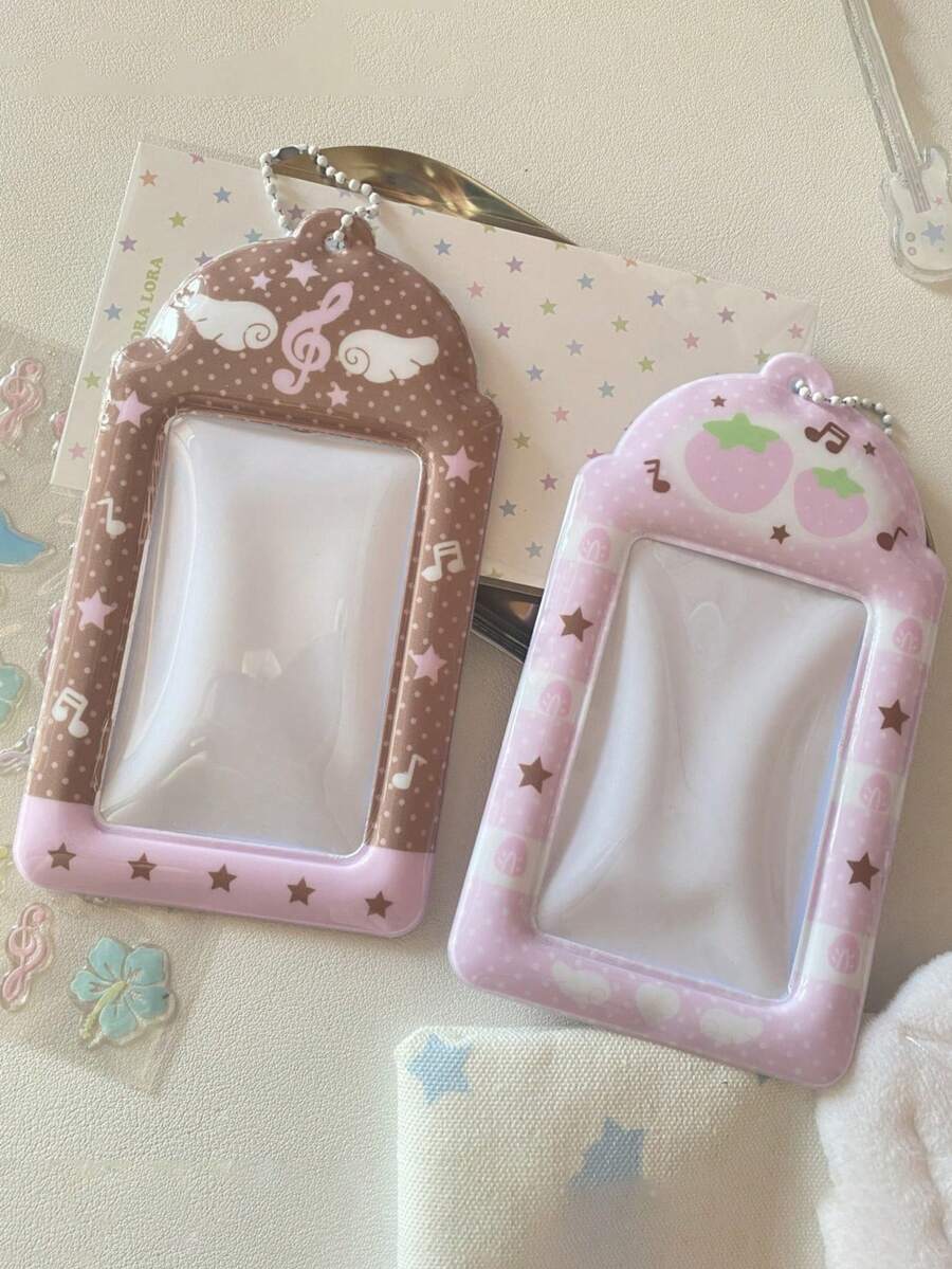 Pink Brown PVC 3-Inch Small Card Holder Original Versatile Note Wings Strawberry Student Campus Card Meal Card Holder Display Pendant, Note Wings 3-Inch Photo Card Holder Cute Strawberry Student Campus Card Holder Stationery Supplies, Back To School Season - Color - View 1