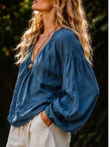 Classic Retro Pleated Loose Deep V Lantern Sleeve Top - Blue - View 6
