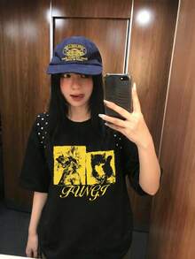 Y2K次文化女孩動物復古印花黑色短袖T恤，滑板風格寬鬆女款上衣休閒夏季 - 黑色 - 查看 3