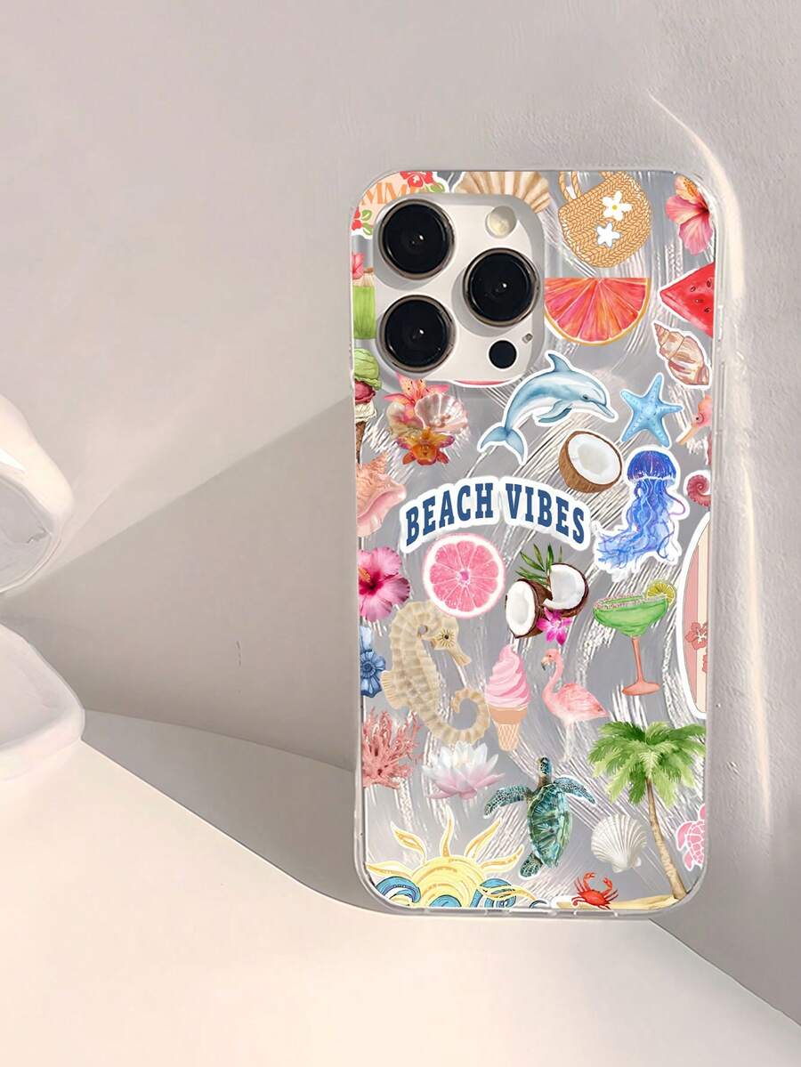 1個時尚夏季海灘椰子花紋防水防指紋防刮透明IMD軟亮面光滑手機殼,適合告白、送給朋友、家人、情侶、生日、節日,適用於Apple 17/17 PLUS/17 PRO/17 PRO MAX - 彩色 - 查看 1