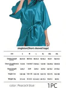 一件女士纯色优雅系腰秋冬浴袍，性感短款缎面丝绸柔软睡衣，适合新娘、伴娘、居家穿着。婚礼季短款连衣裙，字母图案，浴袍睡衣。浴室装饰 - 孔雀藍 - 查看 10