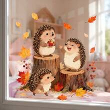 1pc Home Decoration Autumn Stump Hedgehog Static Adhesion Window Cling Fall Cute Animal Window Decals Reusable PVC Double-Sided Visible Glass 11.8*11.8in For Thanksgiving Halloween Home Glass Decor Aesthetic Fall Decorations - Hedgehog and Maple Leaf - View 3
