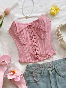 Corsé moldeador de unicolor con diseño de espina de pescado y atar, de moda, para el verano - Rosa vieja - Ver 1