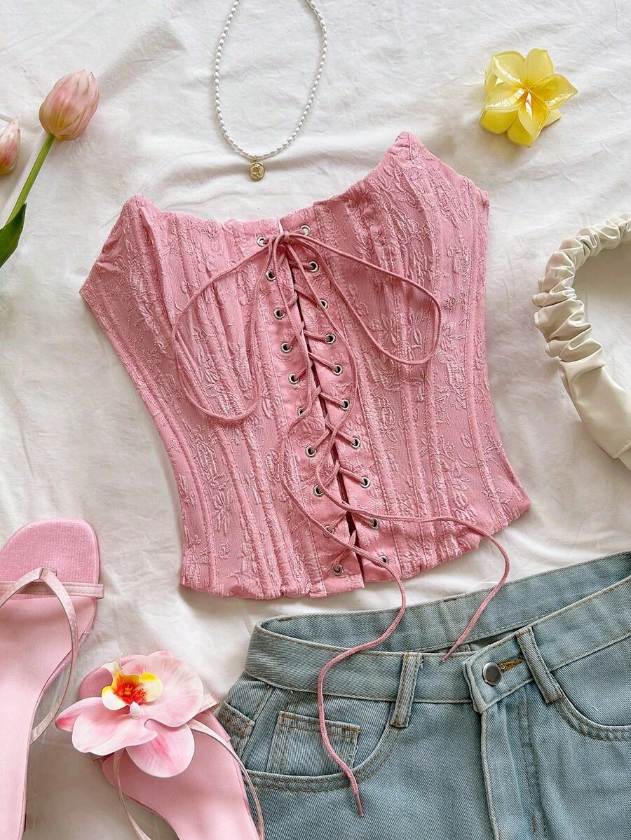 Corsé moldeador de unicolor con diseño de espina de pescado y atar, de moda, para el verano - Rosa vieja - Ver 1
