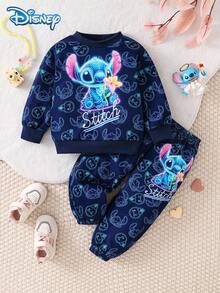 Set Baju Lengan Panjang dan Celana Bayi Laki-laki Disney Musim Gugur/Dingin Lucu dengan Motif Kartun Stitch, Sedikit Elastis, Cocok untuk Pemakaian Sehari-hari dan Hadiah. - Biru - View 1