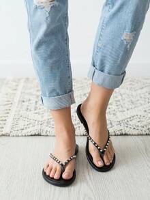 Chanclas de dedo con pedrería de unicolor, estilo de vacaciones de verano francés, punta redonda, diseño de lujo, efecto estilizante, a la moda, versátiles, elegantes, cómodas, adecuadas para vacaciones y viajes - Negro - Ver 5