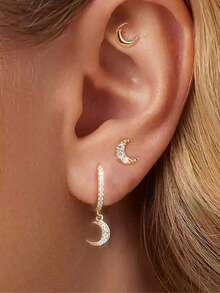 3pcs/Set Boucles d'oreilles pendentif étoile & lune plaquées or 18K, style femme, incrustées de zirconium cubique, boucles d'oreilles à tige en cuivre et acier inoxydable, boucles d'oreilles à vis, bijoux de perçage du cartilage - Ensemble de boucles d'oreilles 3 pièces - Voir 4