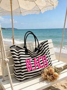 大容量黑白條紋海灘托特包，印有「BEACH」標誌，可摺疊帆布肩背包，防水防沙，適合旅行、夏季海灘度假、泳池派對、購物及日常使用，適用於女性、學生、通勤者和旅行者，適合春假、復活節、母親節、開學、畢業、假期和禮物 - 彩色 - 查看 6