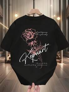 The T-Shirt Features A Gothic Rose And Lyrics Graphic With Pink Lettering. This Casual Crew Neck Short-Sleeved Summer Top Is Perfect For Everyday Wear. - 白色 - 查看 7