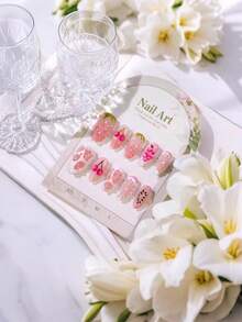 10pcs Medium Almond Nail Stickers, Summer Hot-Selling Sweet & Cool Fruit 3D Embossed Grape Cherry Pink Strawberry Multicolor Design Acrylic Nail Decals, 3D Floral, Shell Pattern And Pearl Accents, Fresh Summer Island Style, Suitable For Women's Vacation, Party And Daily Wear, Removable And Reusable Nail Supplies Nails - Multicolor - View 2