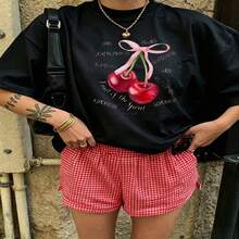 Heartfelt Daily Casual Graphic T-Shirt 100% Cotton Oversized Soft Breathable Casual Crewneck Short Sleeve Top Cute Aesthetic Vintage Red Cherry Print For Casual Wearers Fashion Lovers Daily Outfit Enthusiasts Gift Givers - 黑色 - 查看 18