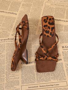 Square Toe Open Toe Wedge Leopard Print Women's Sandals, Comfortable Versatile Asymmetric Heel High Heel Sandals - Leopard - View 4