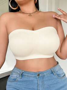 1pc Plus Size Non-Slip Gather Strapless Invisible Back Support Tube Top Bra, Apricot Color - Apricot - View 4