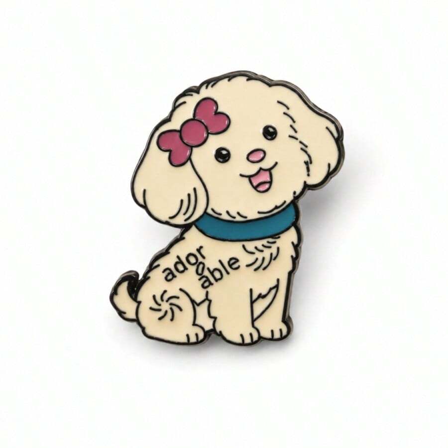 Sweet Smiling Teddy Puppy Enamel Pin, Adorable Letter Print Cartoon Pet Brooch, Teens Denim Backpack Decor Accessory Gift - Multicolor - View 1