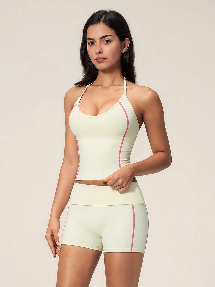 TimeOff Women's One Set Solid Color Adjustable Strap Camisole Tank Top Wide Leg Mid-Length Shorts Sports Set - Apricot - View 5