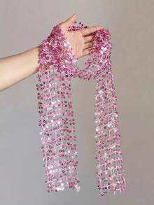 1pc Pink Sequin Floral Lace Scarf Necklace, Long Tassel Neck Scarf, Shiny Bohemian Style Women's Neck Accessory, Suitable For Party, Wedding And Daily Wear - Pink - View 2