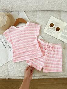 Chatreadl 2pcs/Set Girls Sweet Pink & White Striped Knit Outfit, Summer Round Neck Short Sleeve Top + Drawstring Shorts, Soft & Skin-Friendly Children Casual Wear - Pink - View 4
