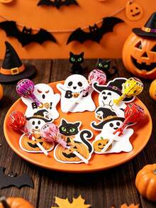 48pcs/Set Halloween Lollipop Holder Cards, Cute Ghost & Pumpkin Designs Decorative Paper Cards For Halloween Gifts, Party Favors, Enclodure Cards, DIY Halloween Party Decorations, Festive Autumn Holiday Decor, Trick Or Treat Party Supplies - Ghost - View 11
