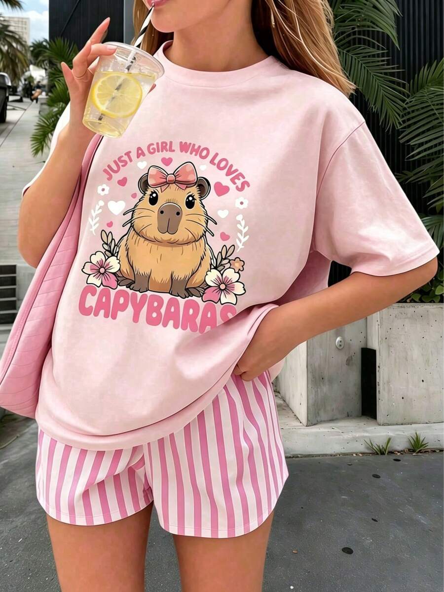 Tween Girl Capybara Print Pullover Short Sleeve T-Shirt, Student Young Casual Summer Top - Pink - View 1