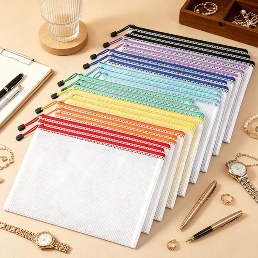 24/12/8/1pc A4 Zip Lock Bags, Mesh Document Wallet Document Folders Plastic Pockets Zipper File Wallet For School Office Homework Travel Storage Bags (Color Zipper),Back To School